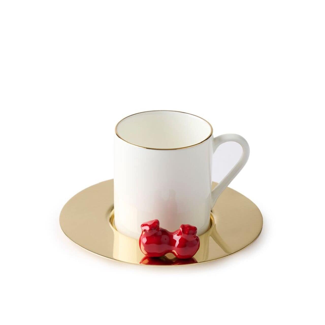 Zarina Espresso Cups Brass Saucer Red Pomegranate, Set of 6