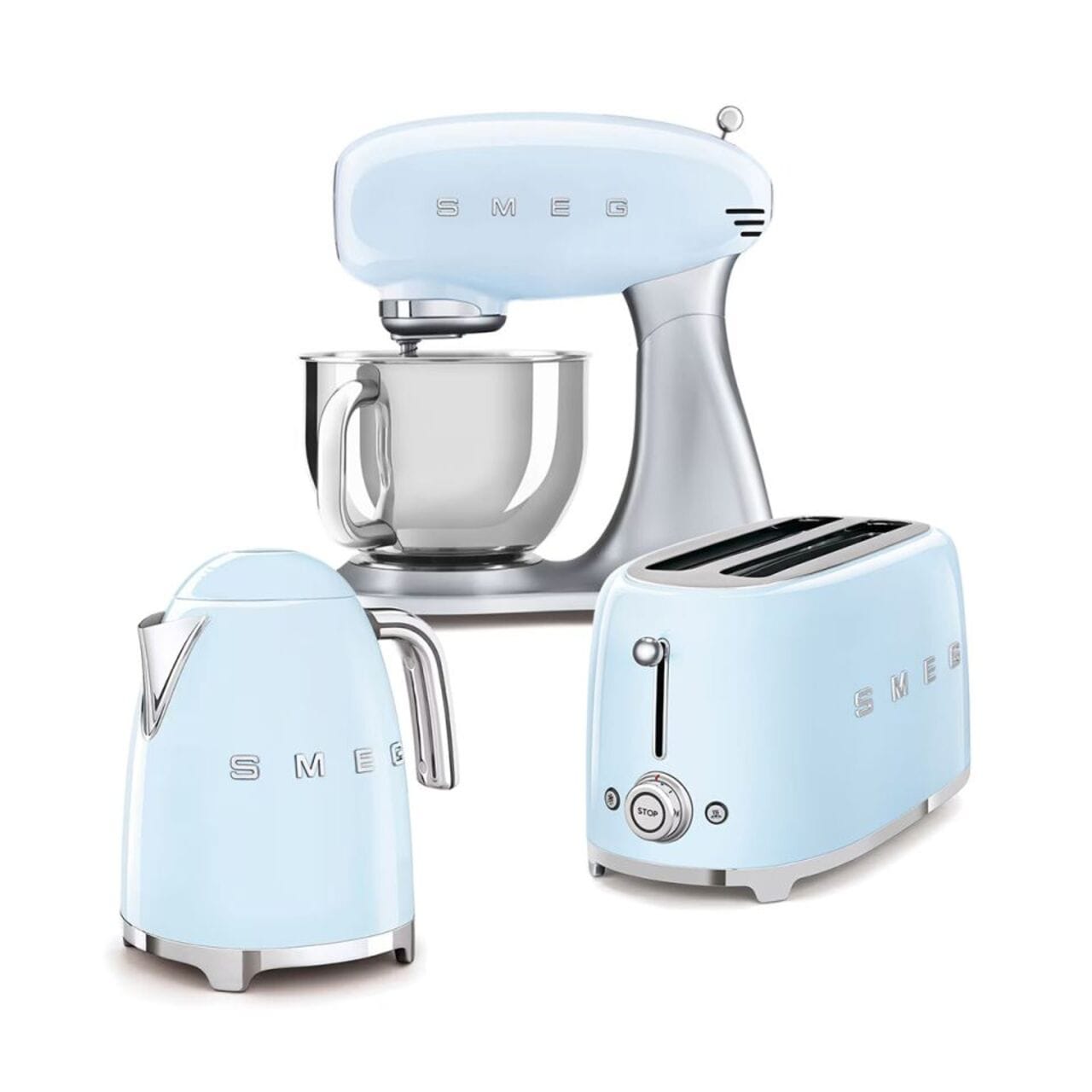 Smeg Bundle Offer Stand Mixer + Kettle + 4 Slice toaster, Pastel Blue