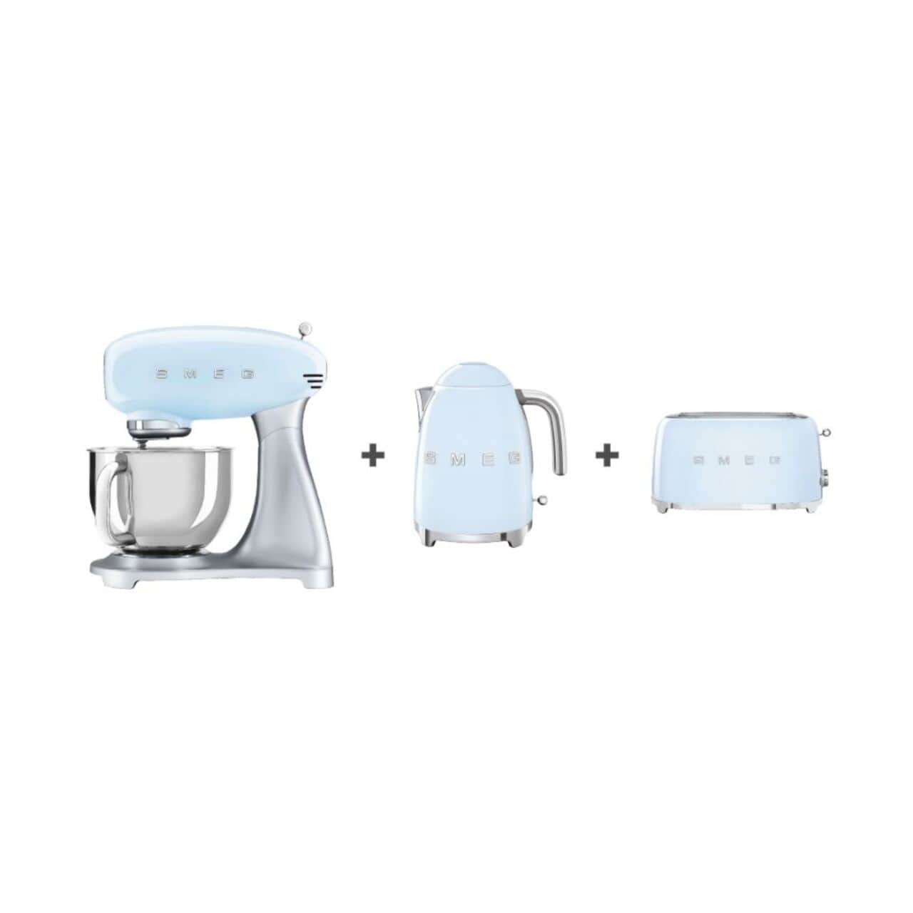 Smeg Bundle Offer Stand Mixer + Kettle + 4 Slice toaster, Pastel Blue