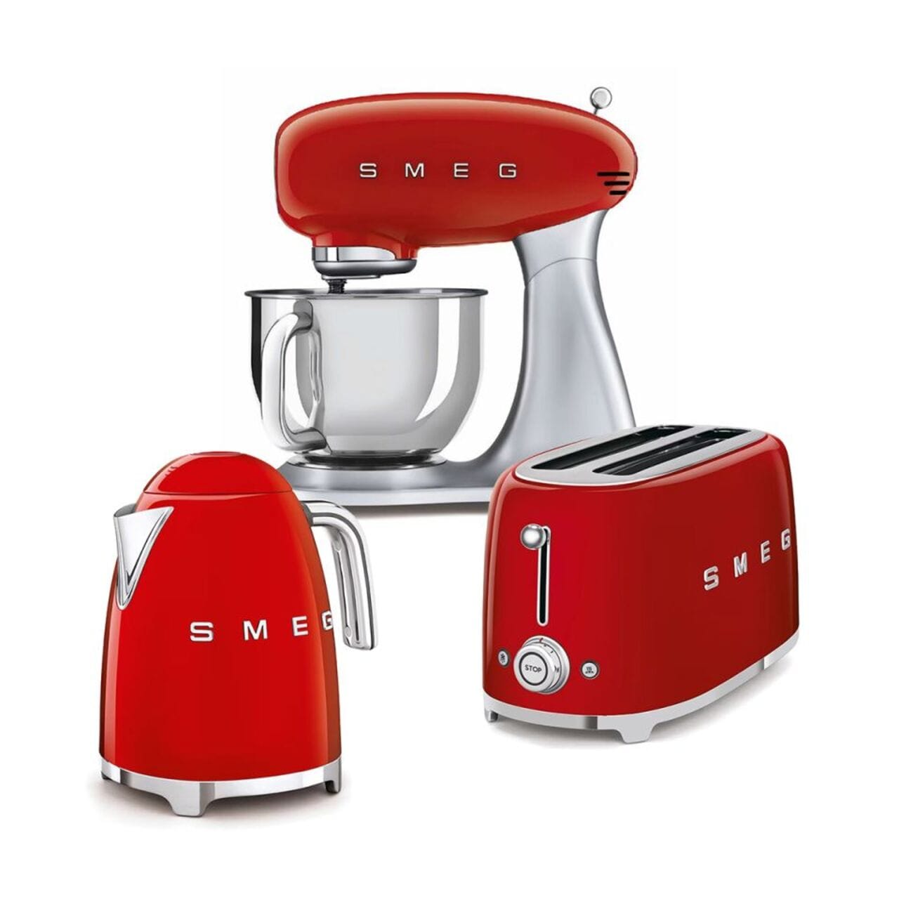Smeg Bundle Offer Stand Mixer + Kettle + 4 Slice toaster, Red
